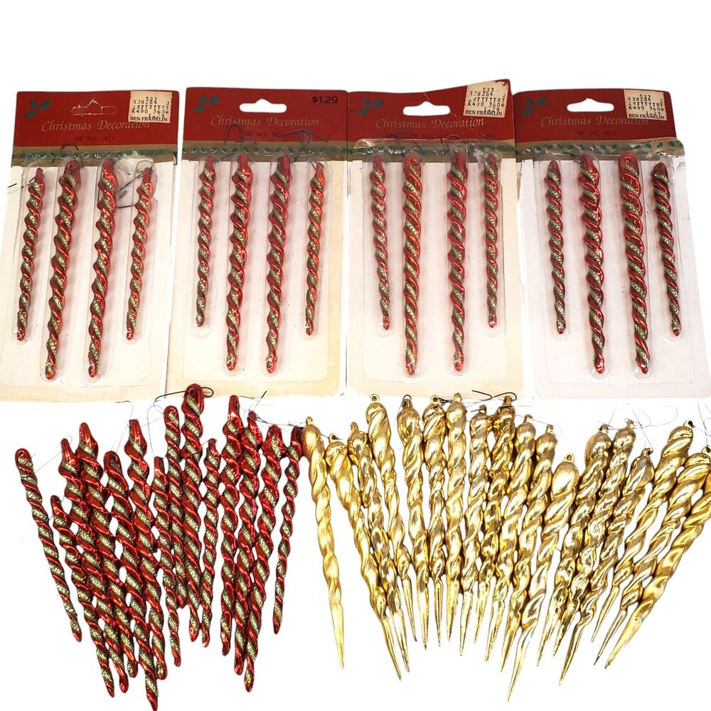 Vintage Spiral Icicle Ornaments 5 Inch Red Gold Tinsel Icicle Christmas Decor